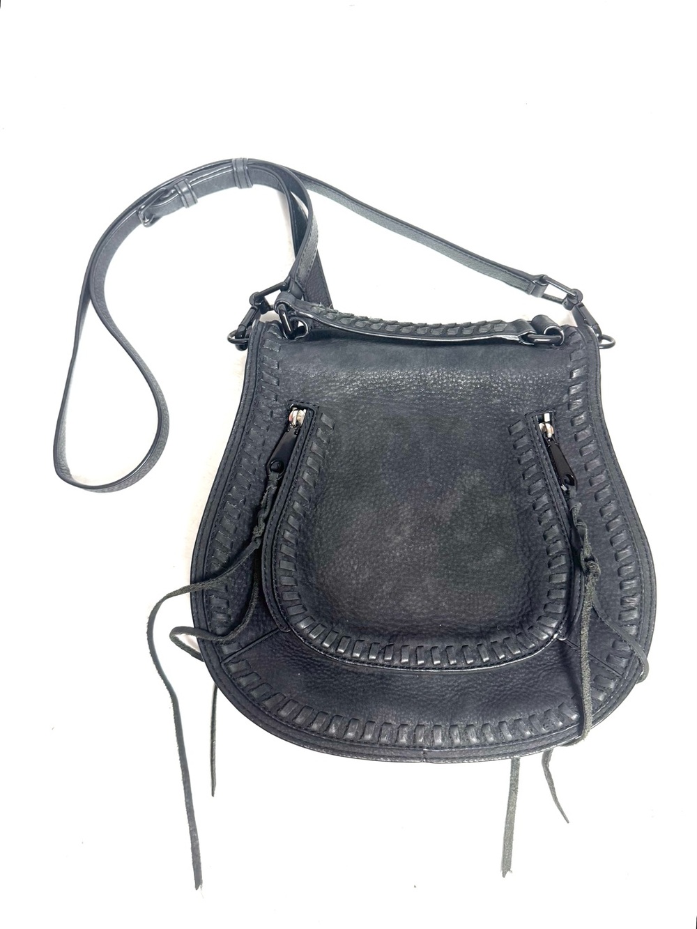 Rebecca Minkoff Black Suede Leather Vanity Saddle Bag Purse